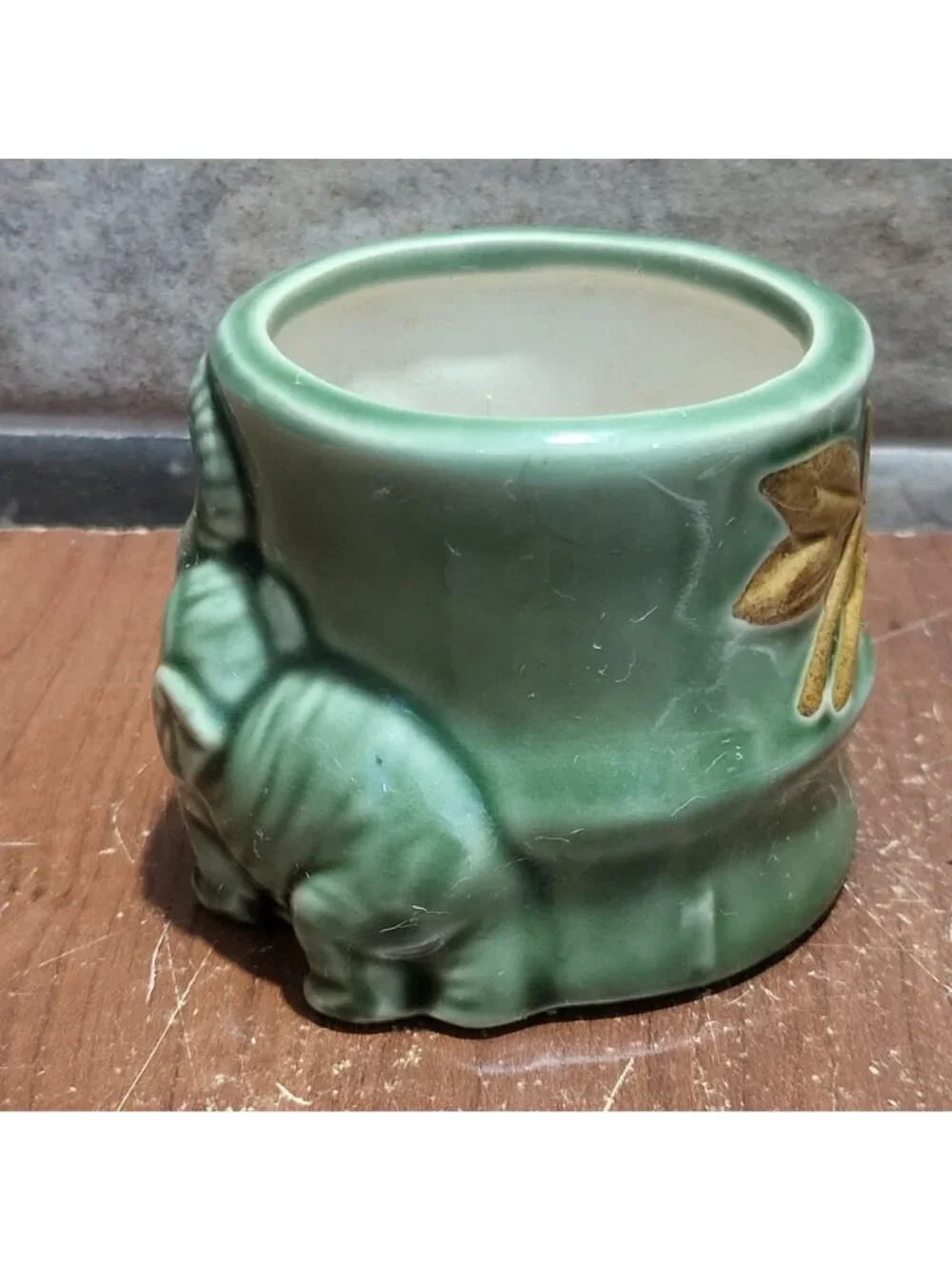 Vintage Majolica Green Ceramic Elephant Trunk Up Planter Pot Mid Century Decor